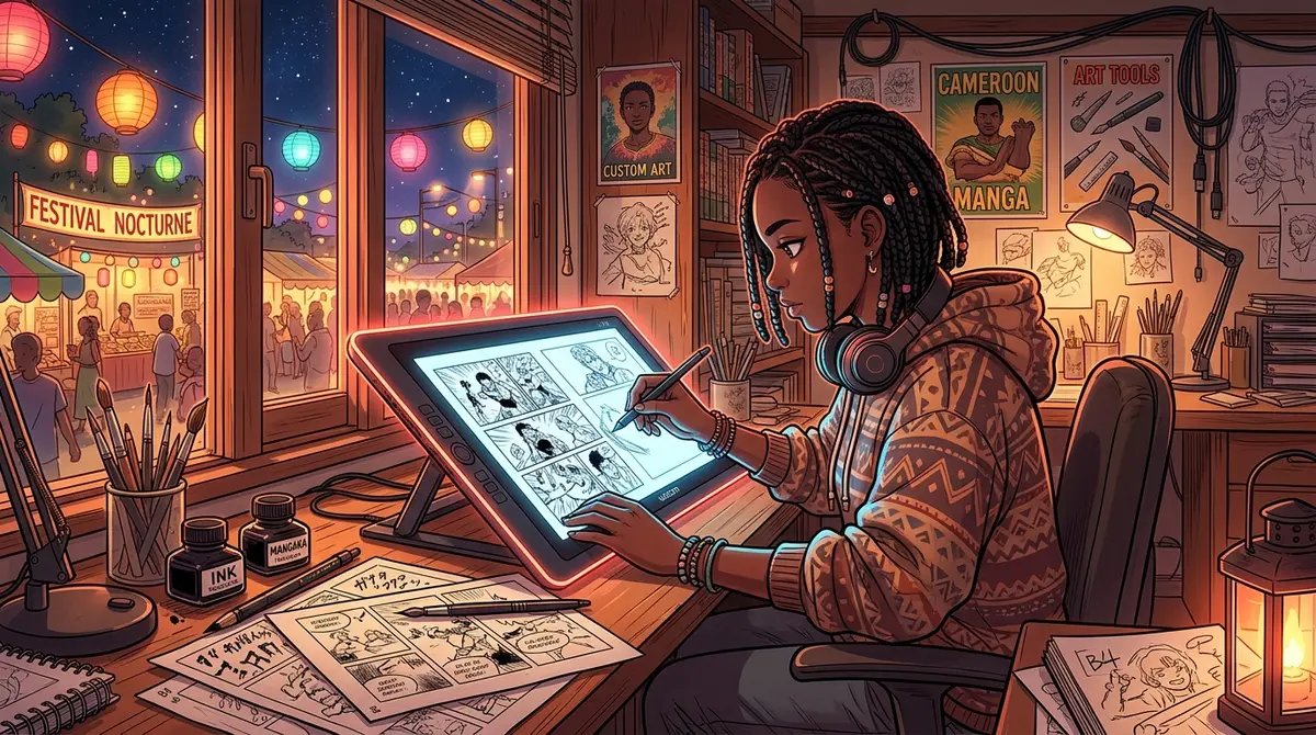 Artiste camerounaise dessinant un manga digital dans un atelier la nuit, festival dehors