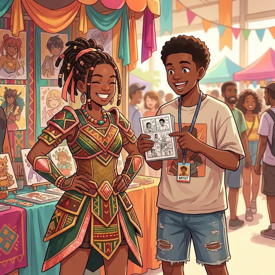 Deux amis otakus au festival avec pages manga